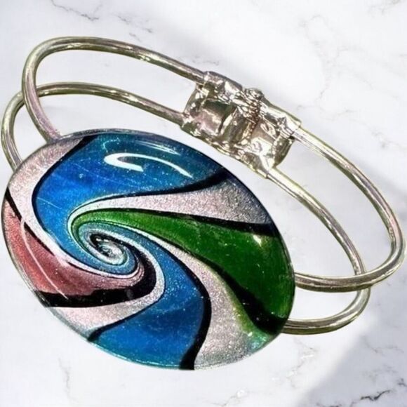 1980s Silver Tone Clamper Cuff Dichroic Glass Bracelet Blue, Green & Pinks - Picture 1 of 6